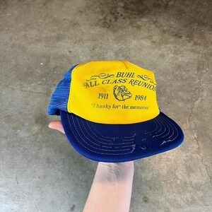 Vintage 1984 Buhl All Class Reunion Trucker Hat Yellow Blue Bulldog Snapback